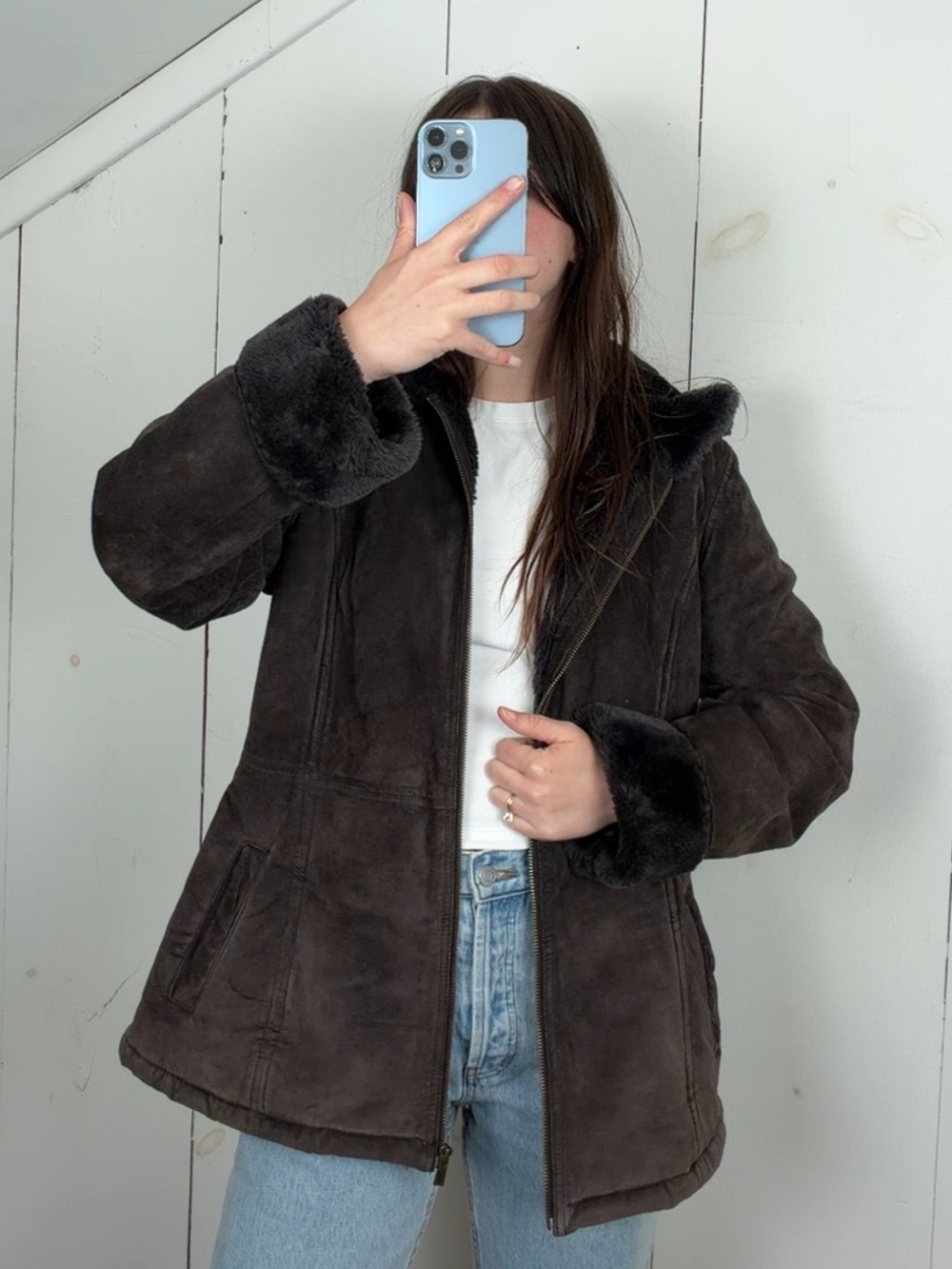 Y2K Sonoma Brown Suede Leather Faux Fur Lined Hooded Full Zip Jacket Women’s L‎